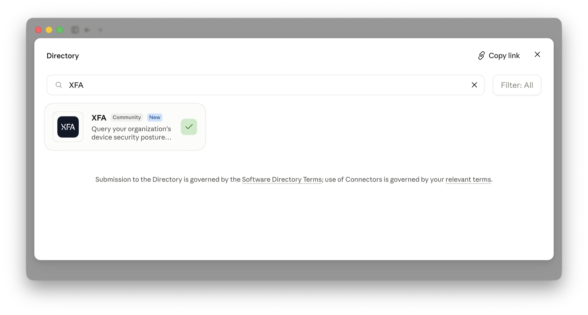 The XFA connector in an assistant's connector list