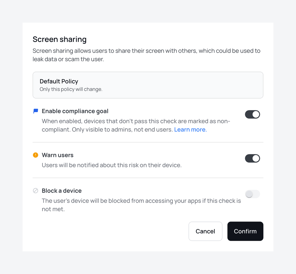 The screen sharing check in an XFA policy, with a compliance goal, warning users enabled, and the option to block a device
