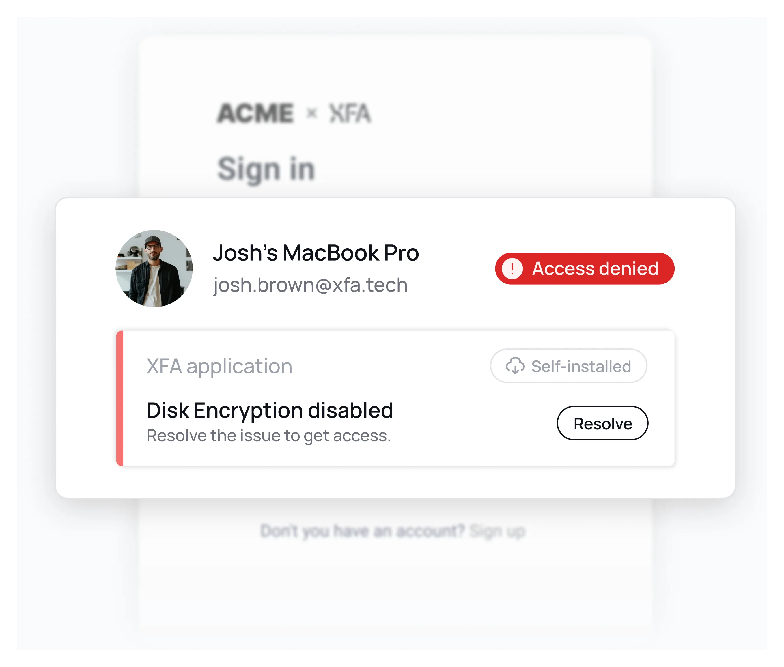 XFA blocking a non-compliant device at sign-in