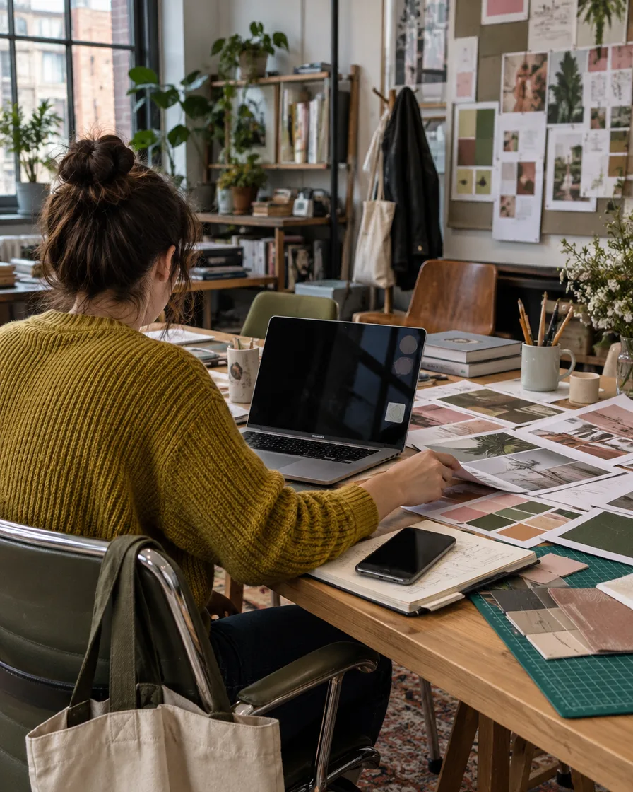 A freelancer working on a laptop at a table covered in mood boards