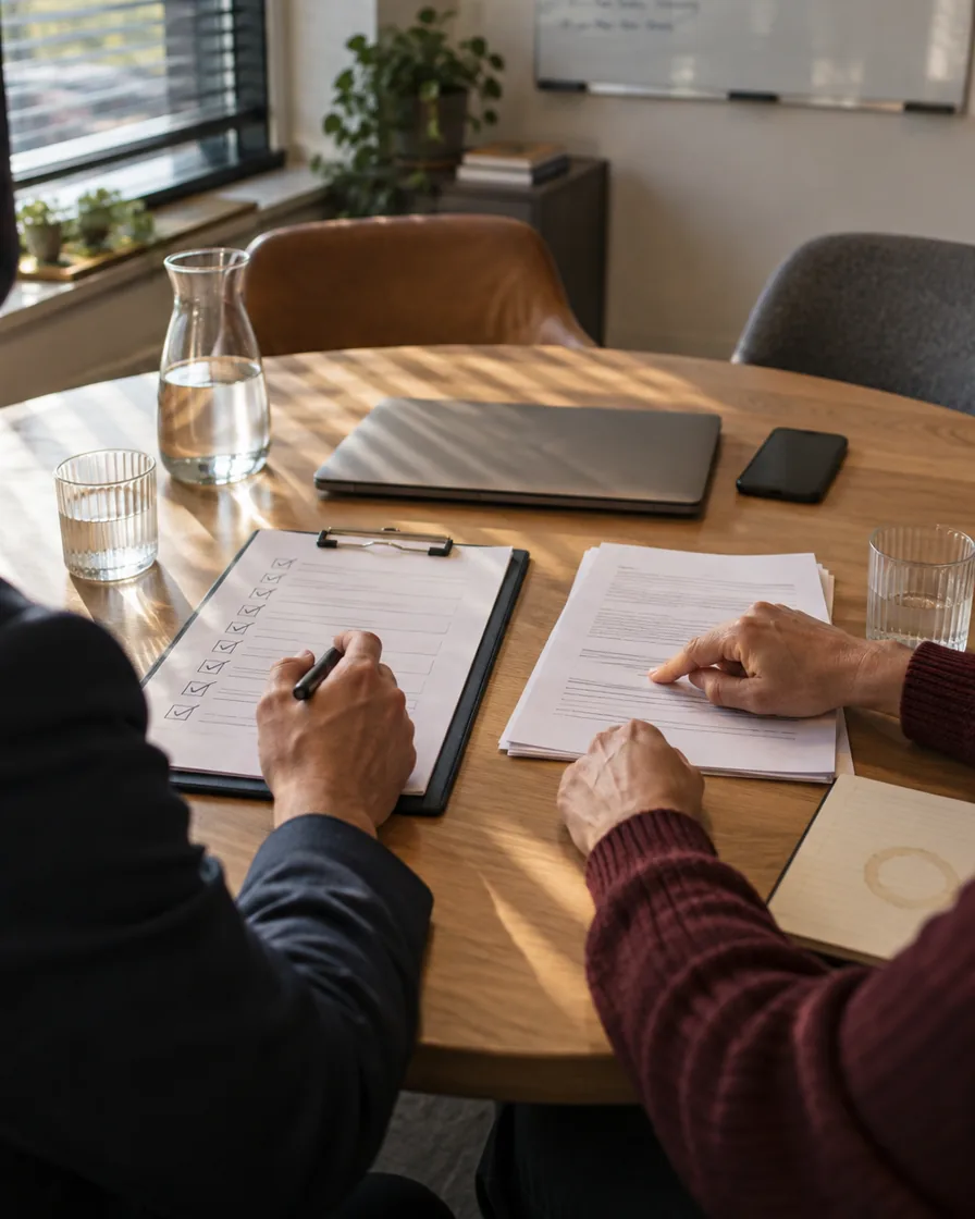 Two people going through printed documents at a meeting table