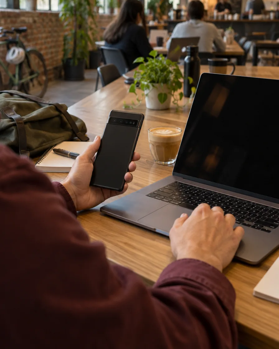 A phone in one hand and a laptop in a busy coworking space