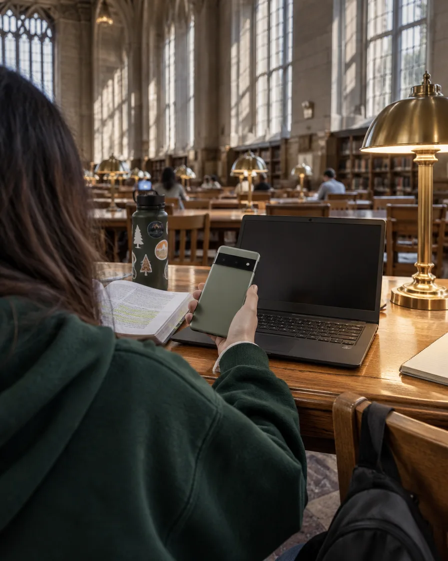 A student with a phone and a laptop in a large study hall