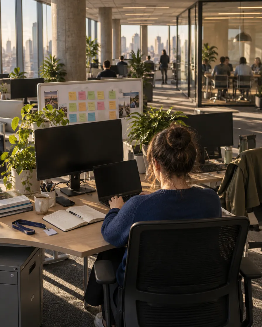 An employee at a desk with two screens in a large open office