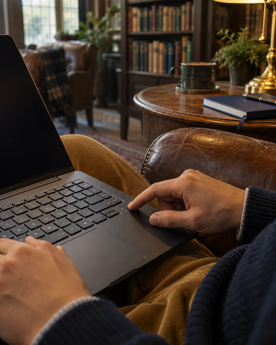 Signing in on a laptop in a quiet reading room