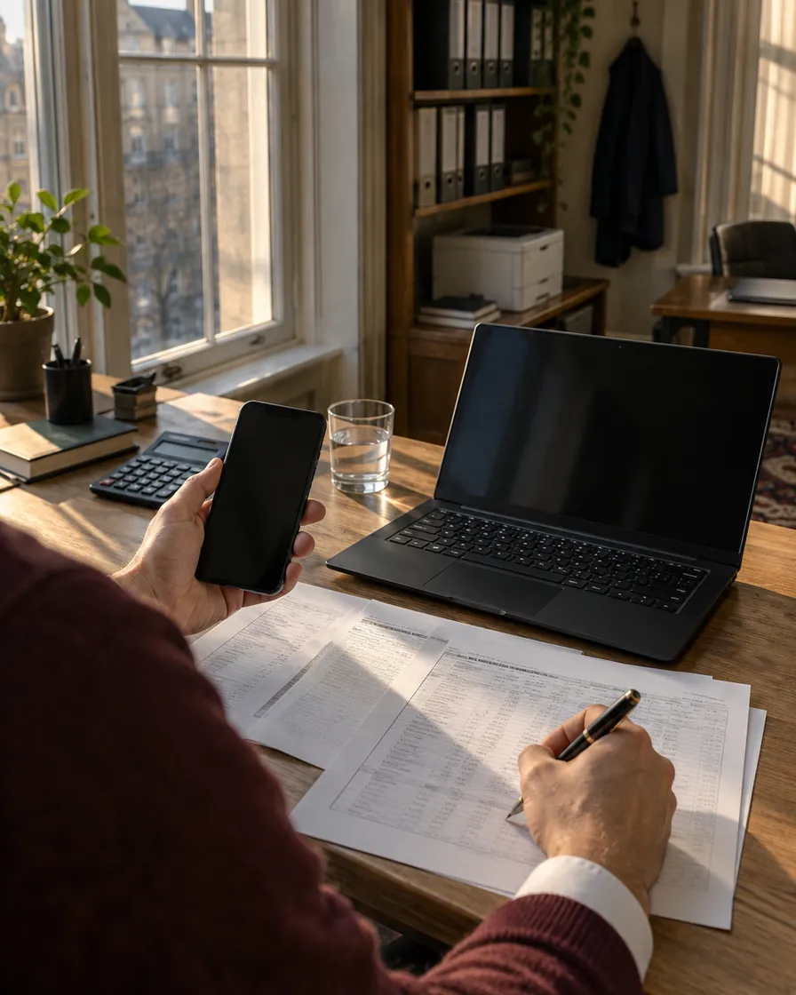 Checking a phone while filling in paperwork next to a laptop