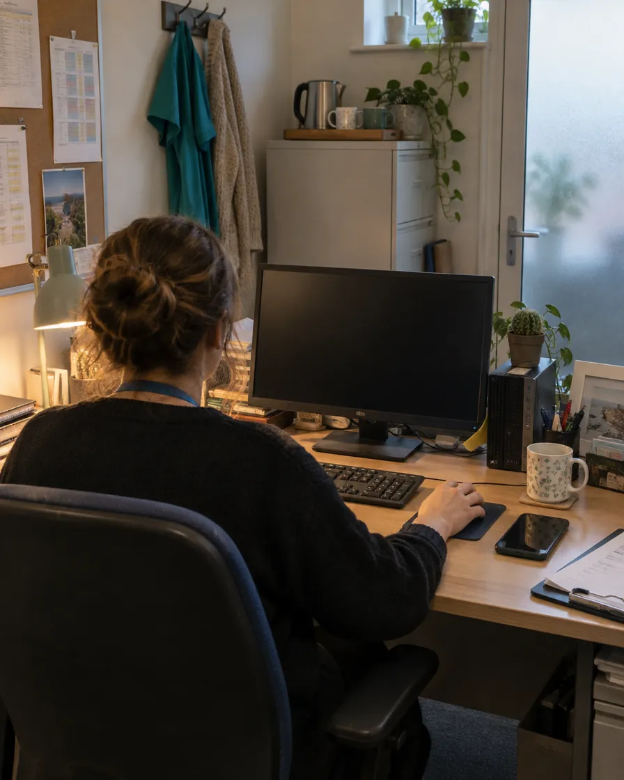 A clinic employee at a desktop computer in a small office