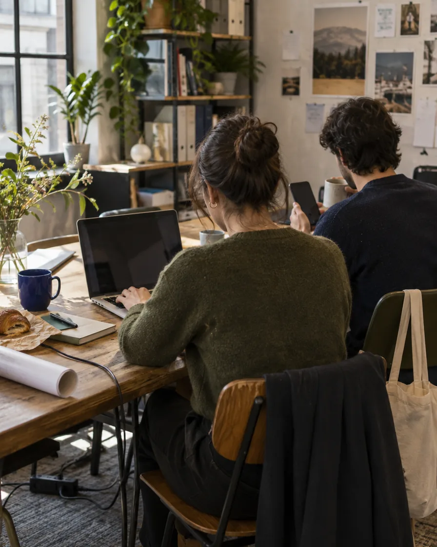 Two colleagues on a laptop and a phone at a shared office table