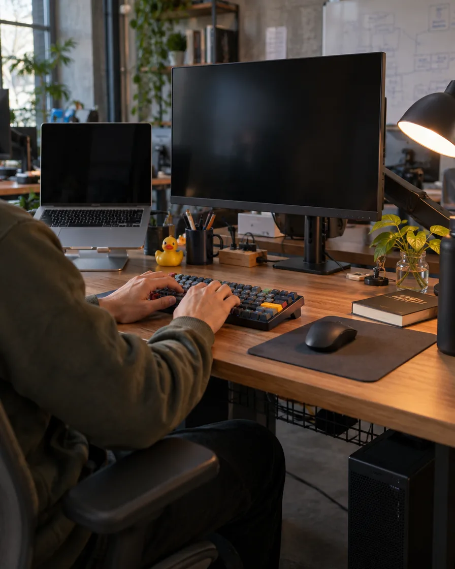 A developer typing on a mechanical keyboard, with a monitor and a laptop on the desk