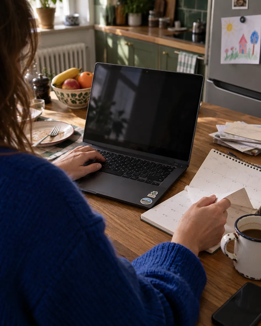 Working on a personal laptop at the kitchen table