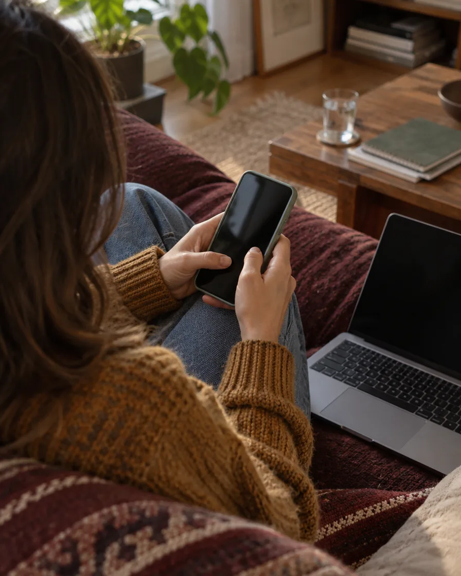Checking a phone on the sofa with a laptop open nearby