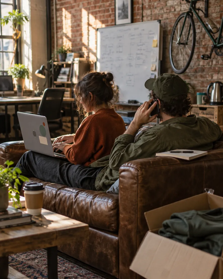 Two founders on a leather sofa, one on a laptop and one on a call