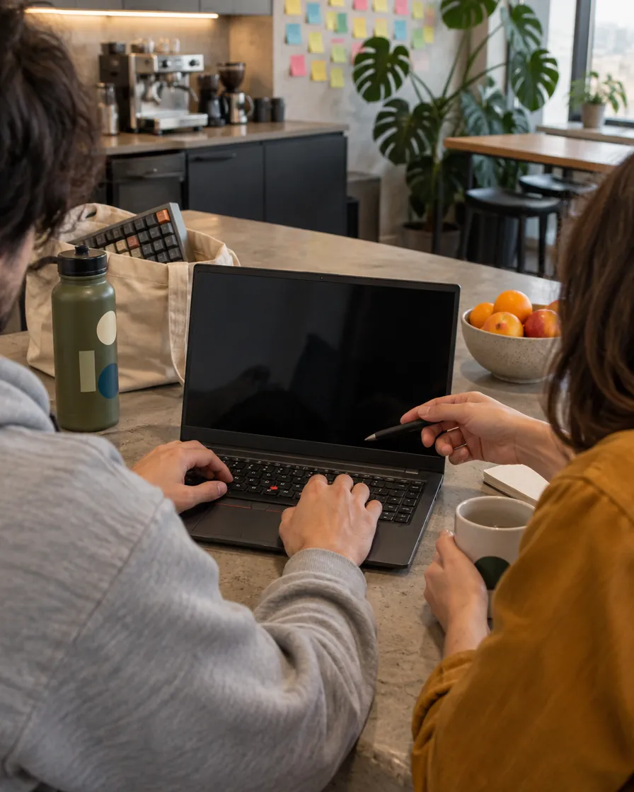 Two developers sharing one laptop at a table