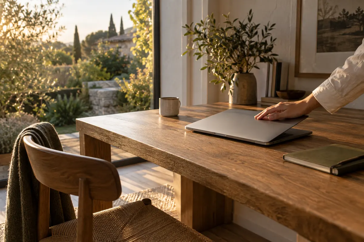 Un ordinateur portable que l’on referme au terme d’une journée de travail ensoleillée