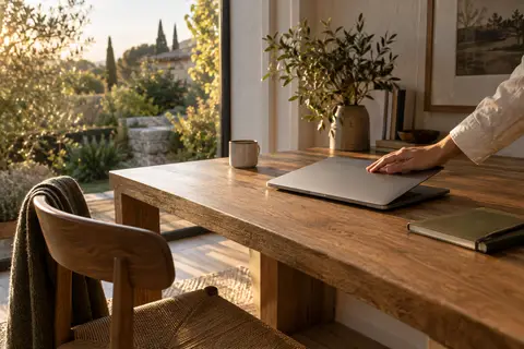 Une main referme un ordinateur portable sur un bureau en bois, en fin de journée