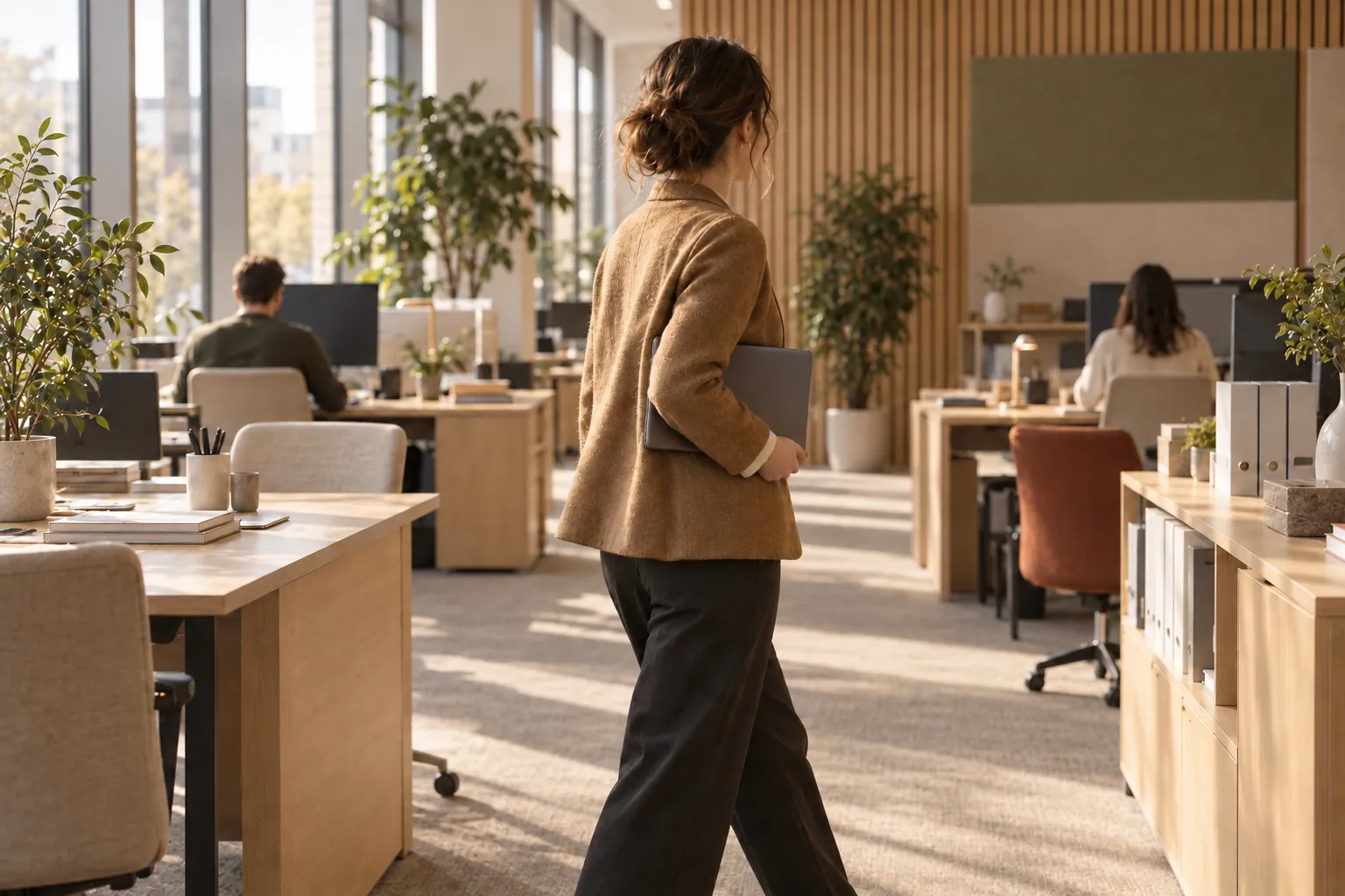 Une nouvelle collègue traverse un open space, l’ordinateur portable sous le bras