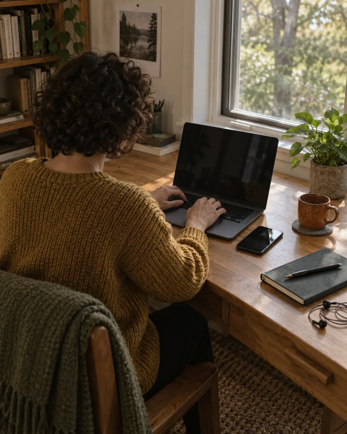 Une personne en pull en maille moutarde, vue de dos, tape sur un ordinateur portable à un bureau en bois près de la fenêtre, son téléphone, une tasse et un carnet à côté.