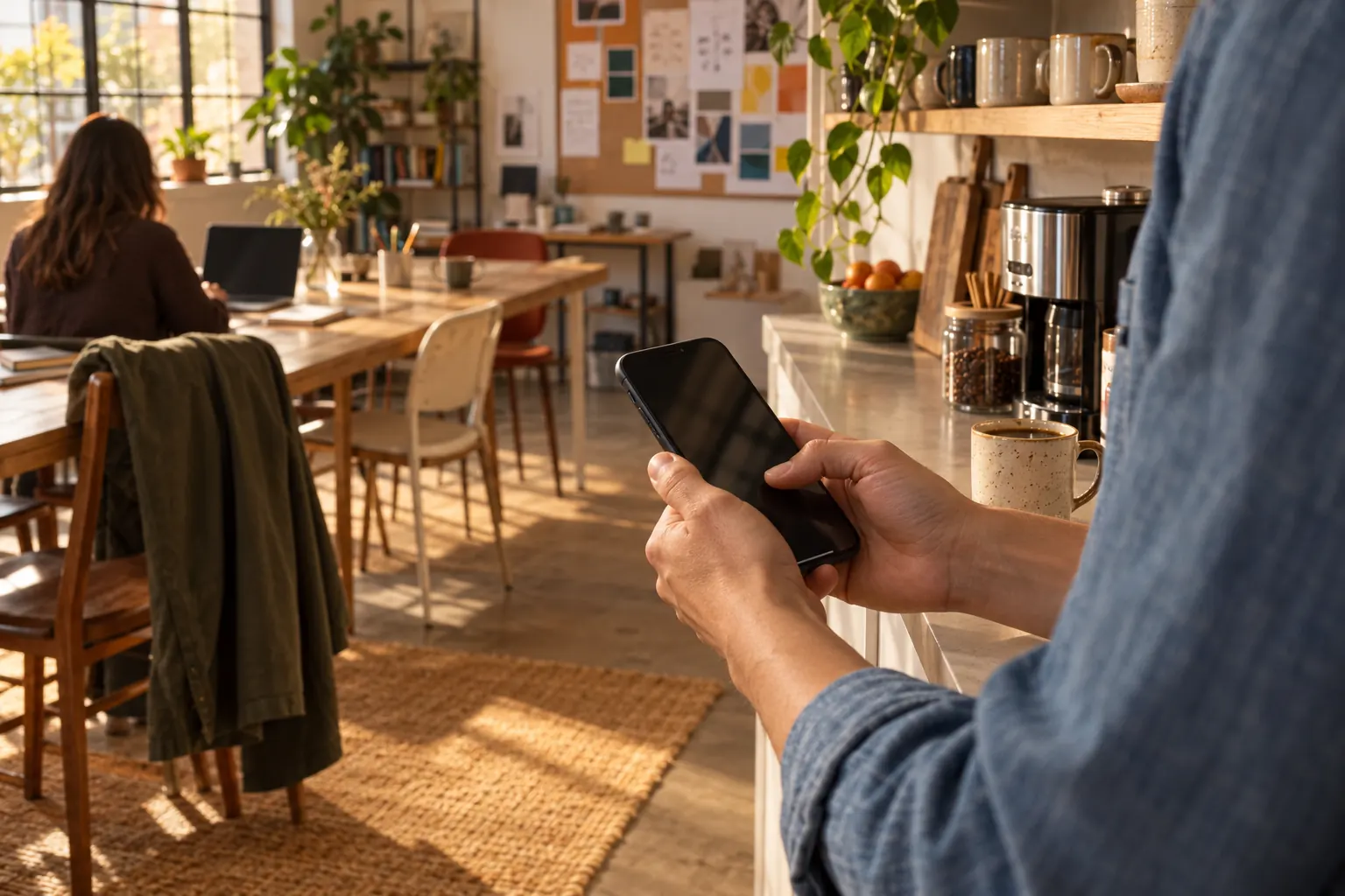 Quelqu’un dans une petite cuisine d’atelier consulte son propre téléphone, un café à côté, pendant qu’une collègue travaille sur un ordinateur portable à la table commune derrière.