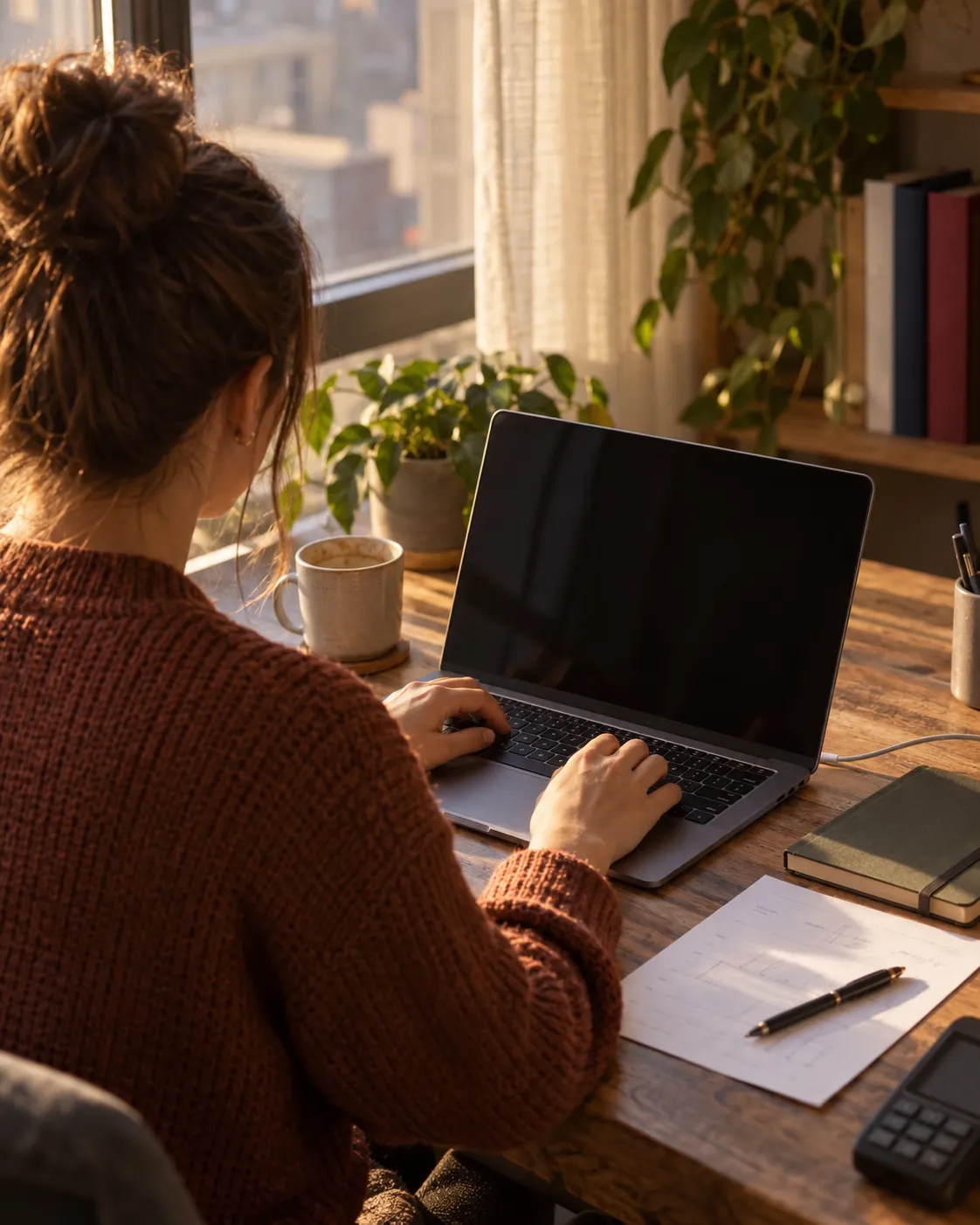 Saisie sur un ordinateur portable à un bureau près de la fenêtre