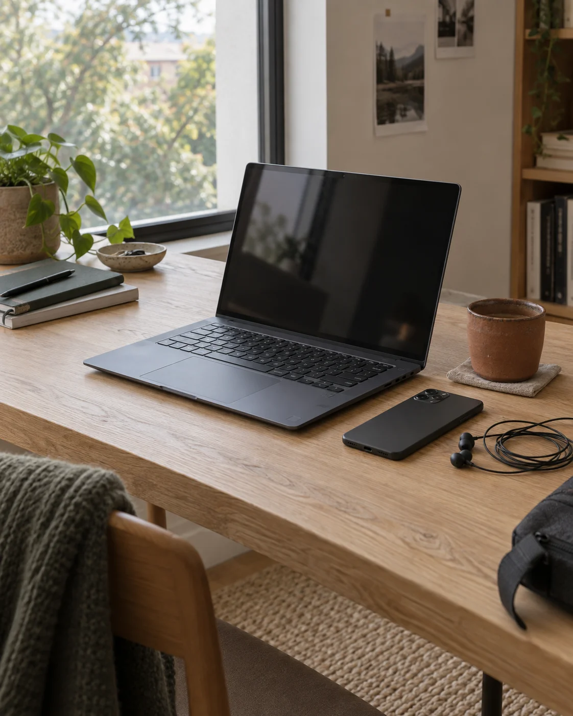 Un ordinateur portable et un téléphone sur un bureau en bois près d’une fenêtre