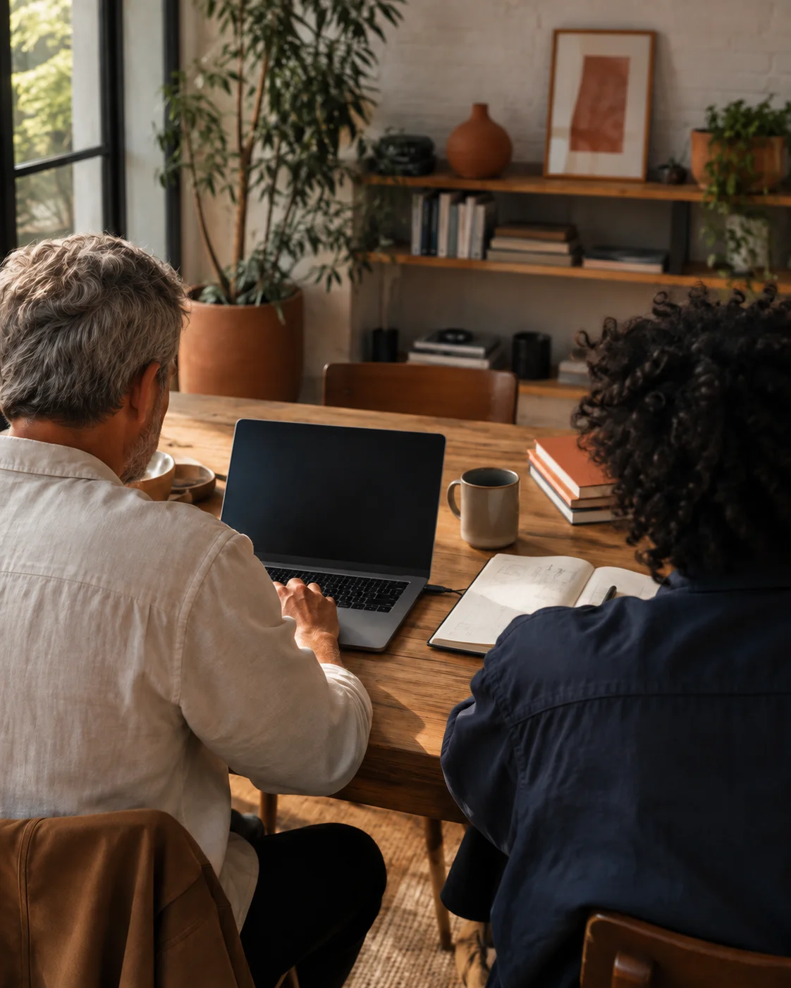 Two people working on laptops at a shared table
