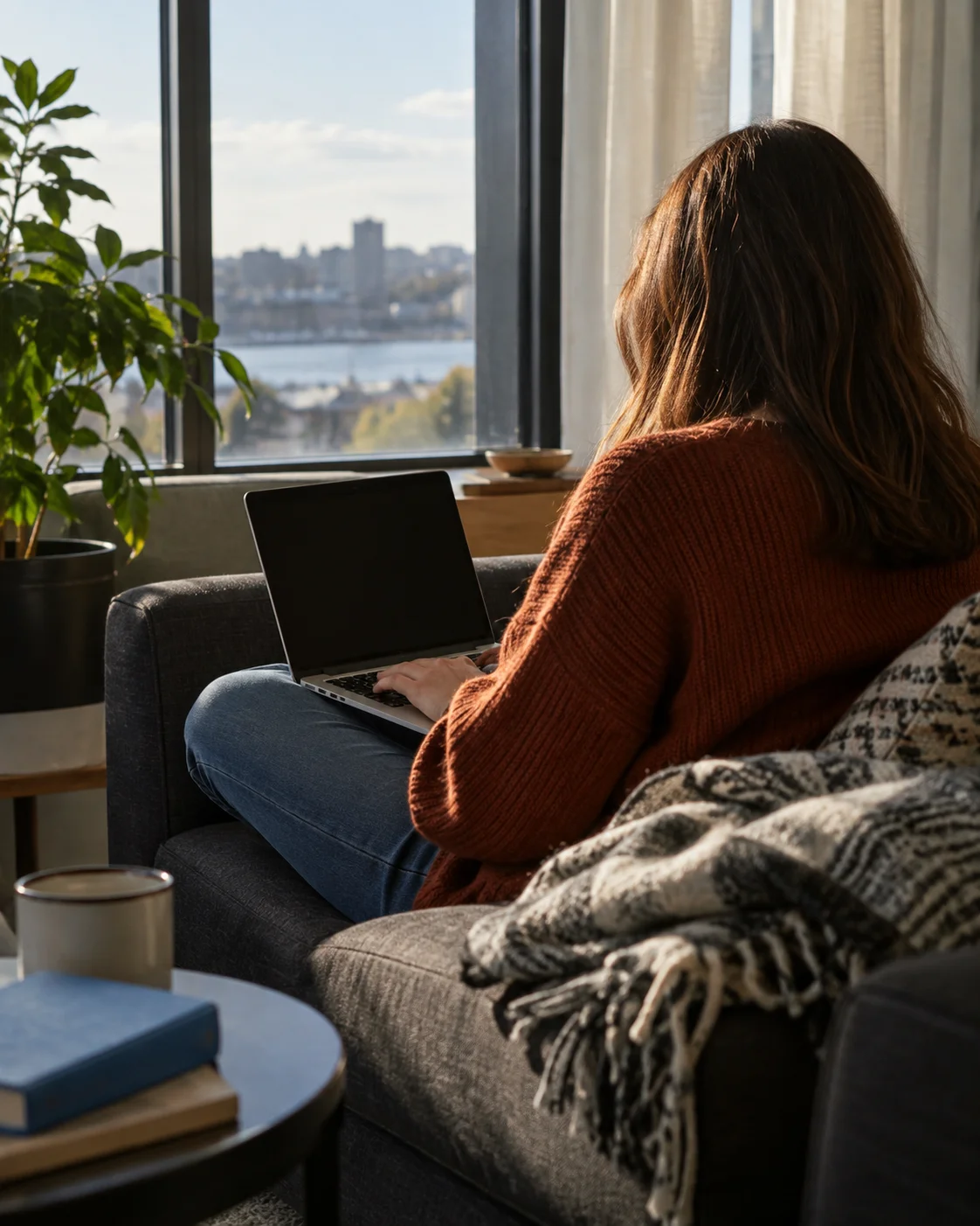 Working on a laptop on the sofa, with a city view through the window