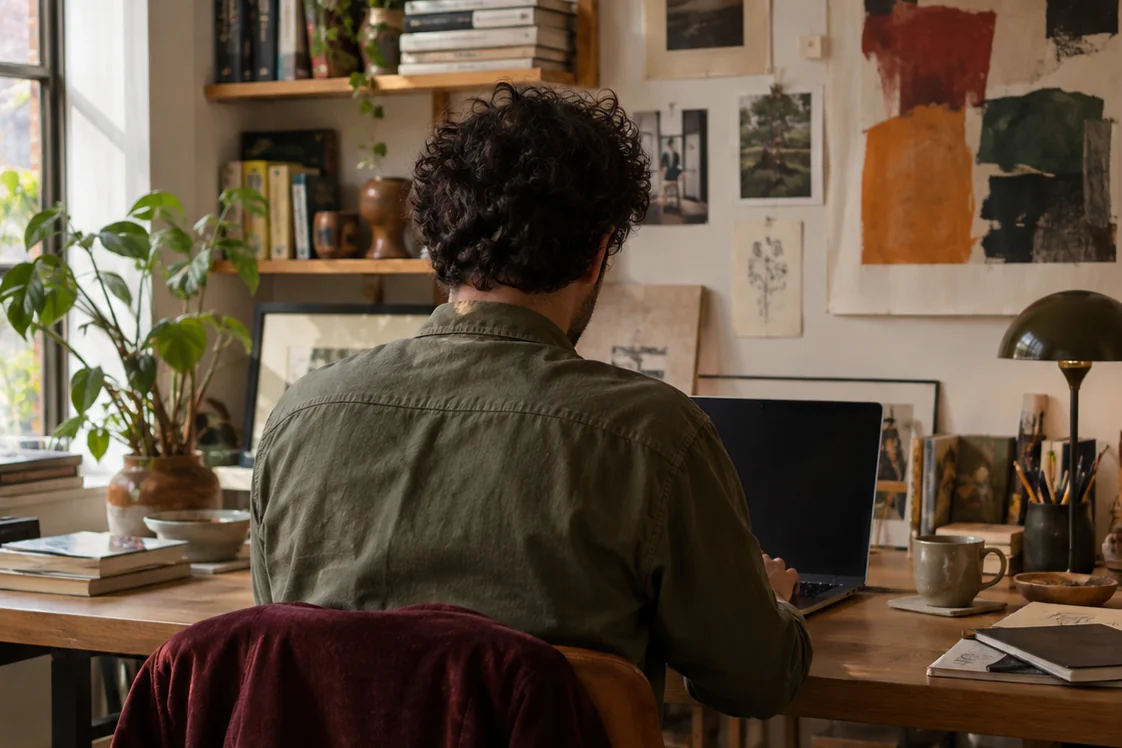 Travail sur un ordinateur portable à un bureau dans un atelier rempli d’œuvres d’art