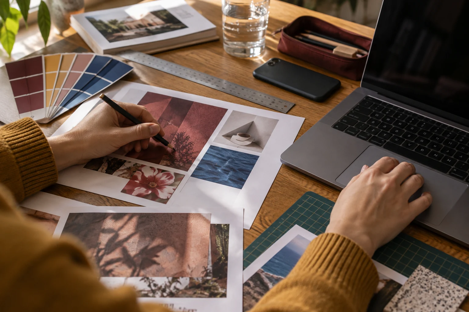 A designer sketching over printed photos next to a laptop