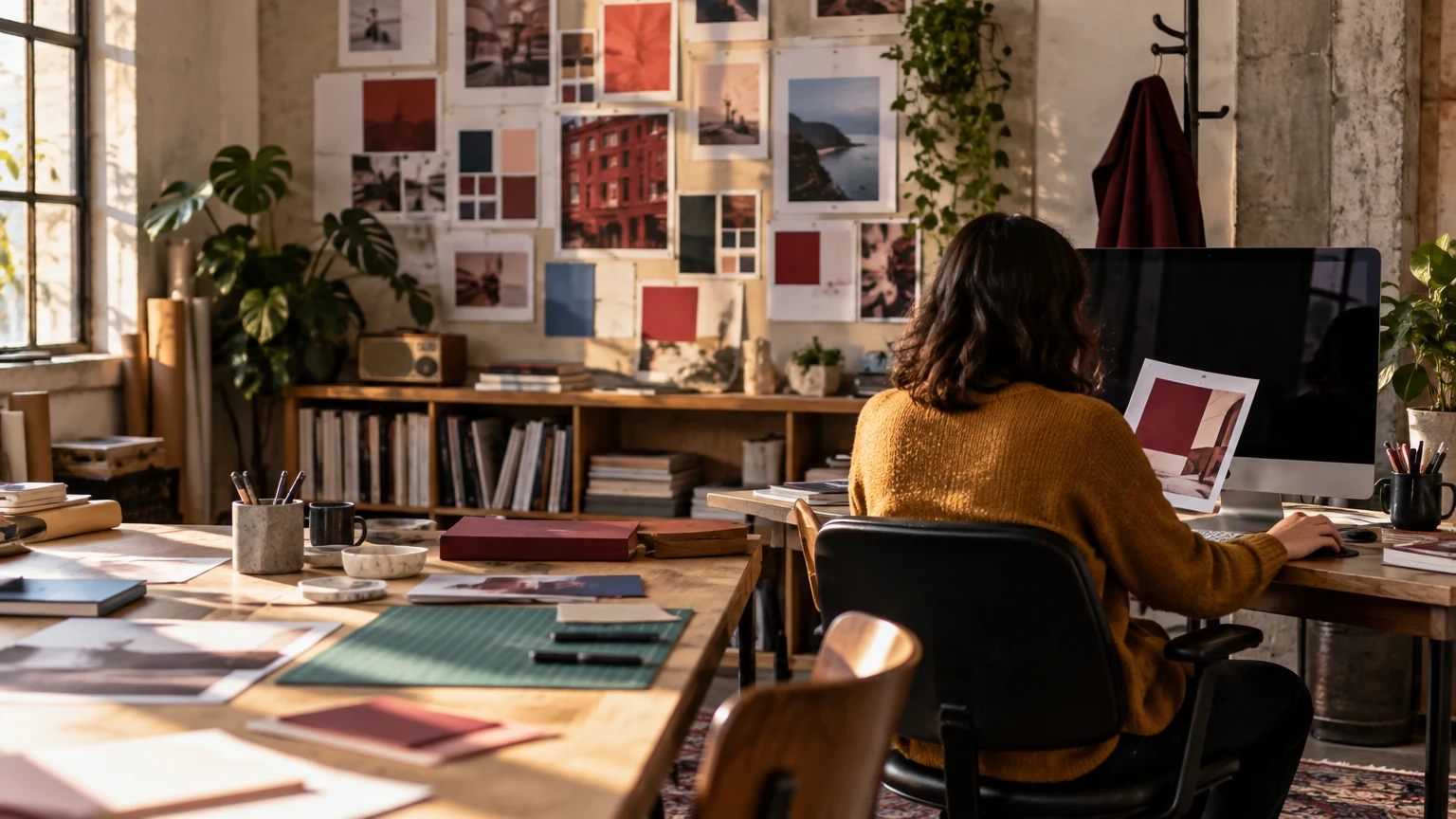 Une designer à son bureau dans un studio aux murs couverts de tirages