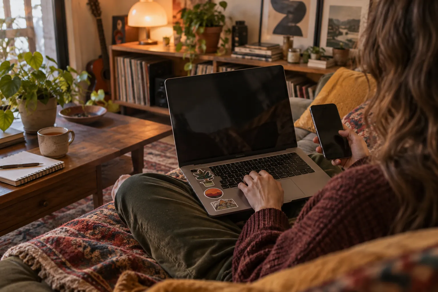 On the sofa with a phone in hand and a laptop covered in stickers