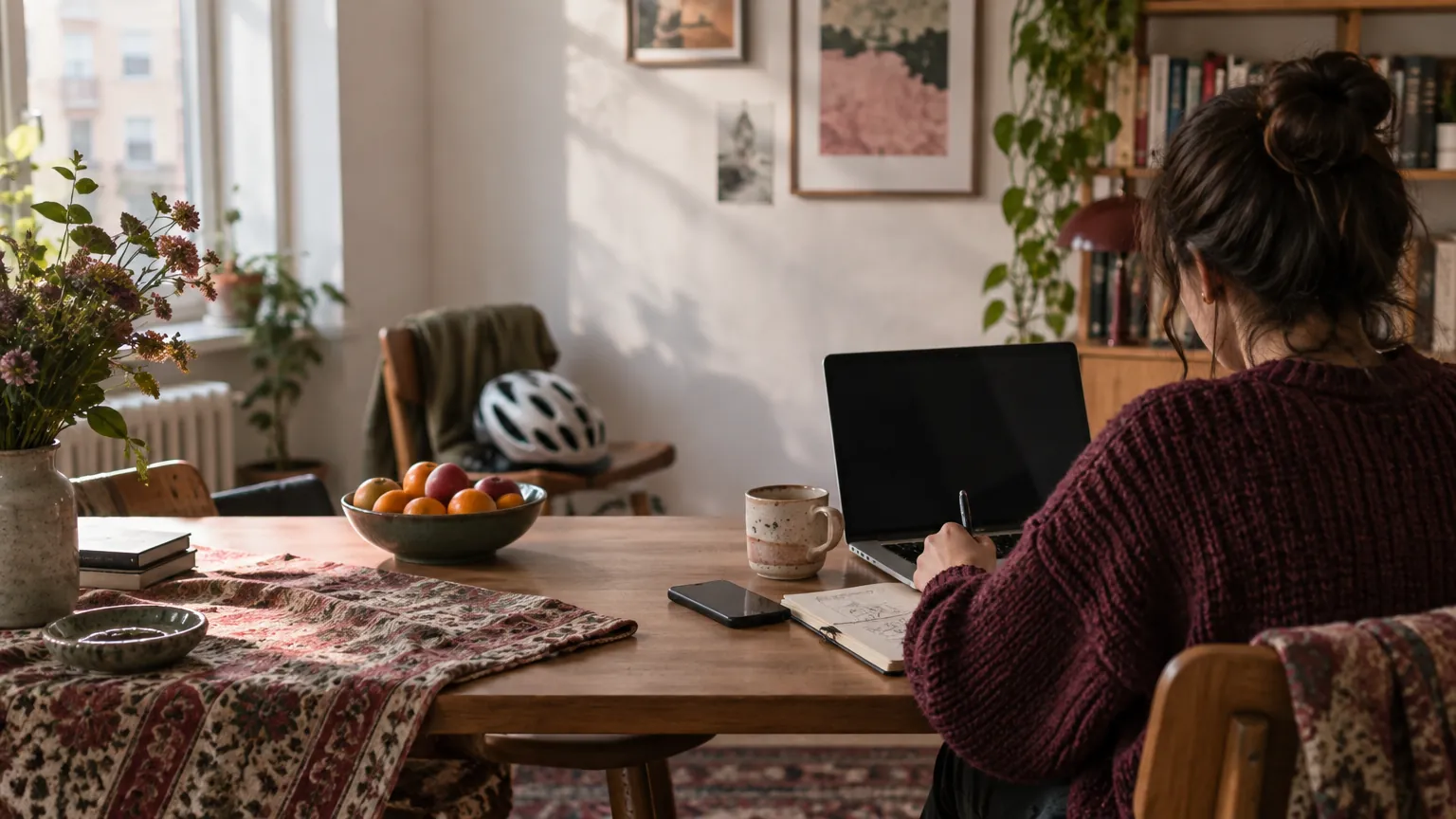 Travail sur un ordinateur portable à la table de la salle à manger, à la maison