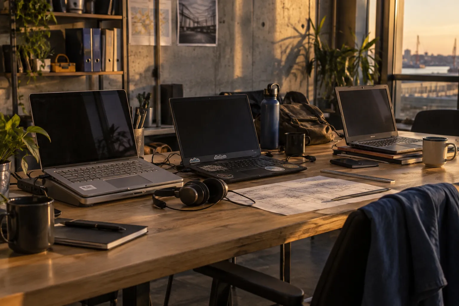 Three laptops side by side on a shared office table