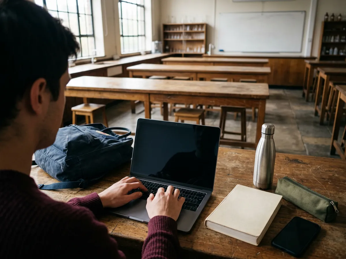 A student working on a laptop in an empty classroom
