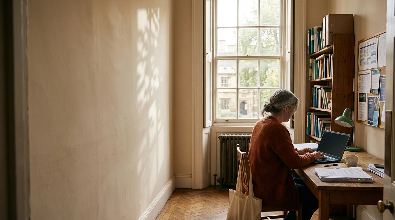 Une enseignante sur un ordinateur portable à un bureau, dans une pièce calme bordée de bibliothèques