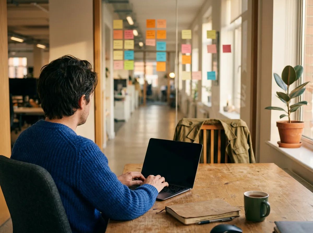 An employee on a laptop by the window of a long office corridor