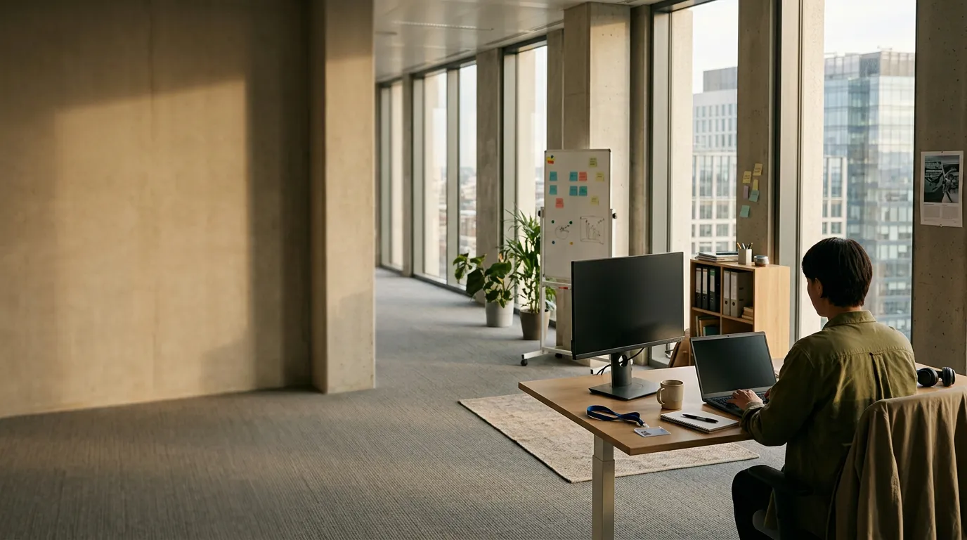 Un employé à un bureau avec un écran et un ordinateur portable dans un grand open space