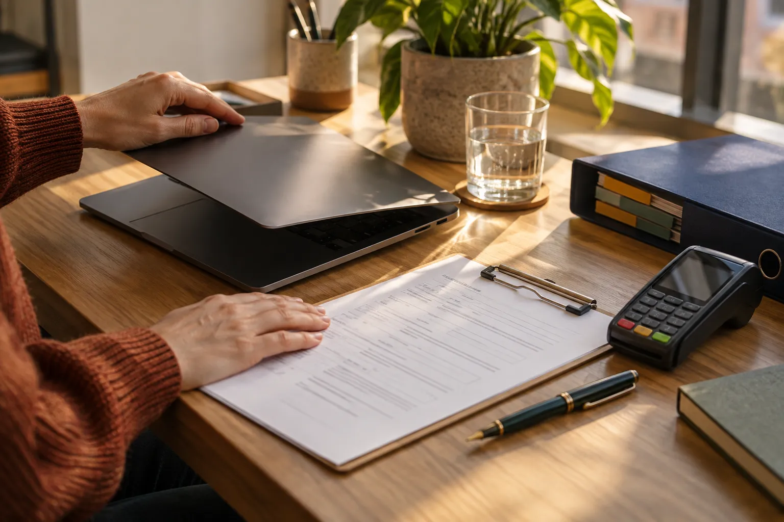 Closing a laptop next to a payment terminal and paperwork