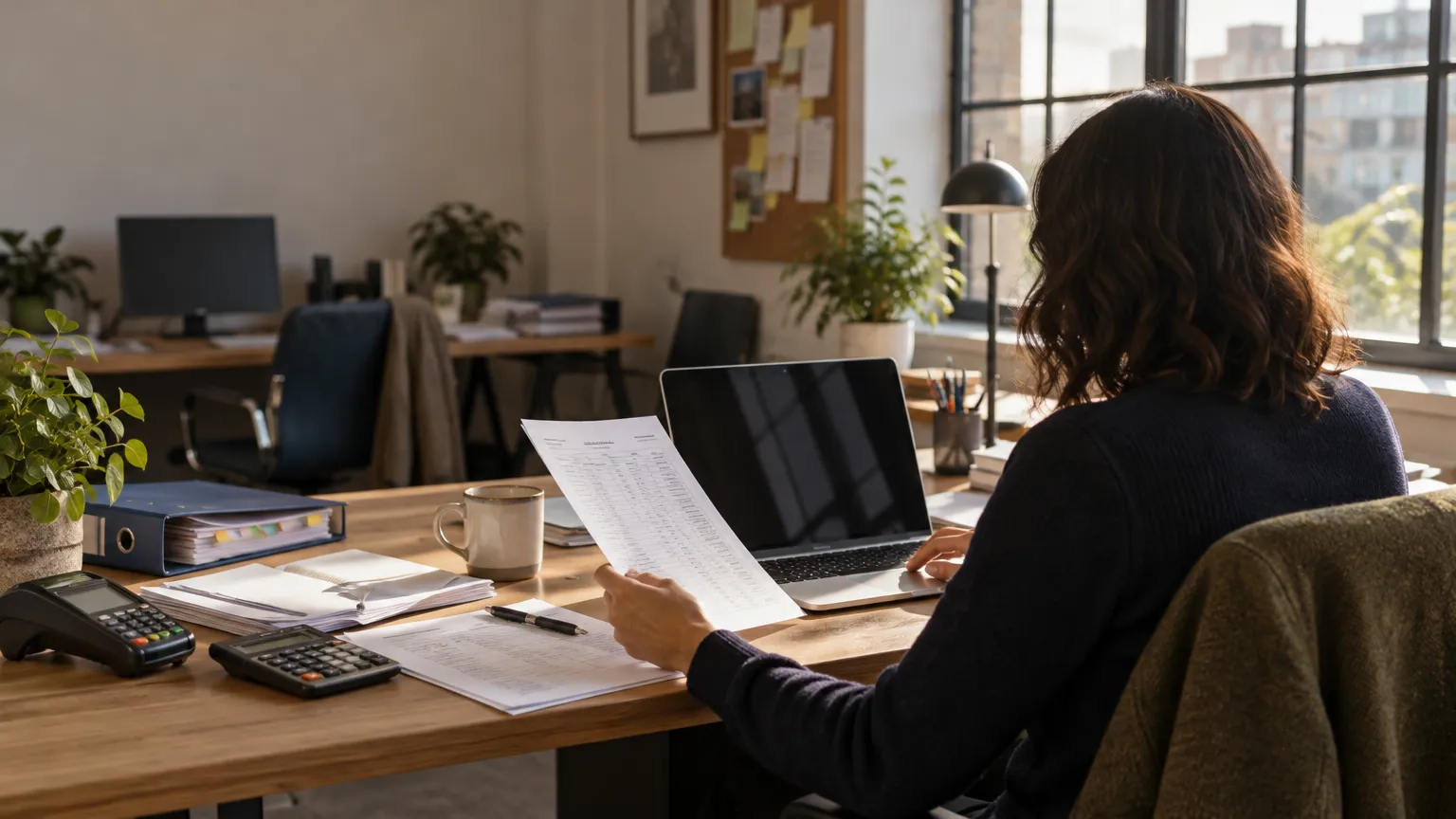 Lecture d’un document imprimé à un bureau avec un ordinateur portable, dans un service financier