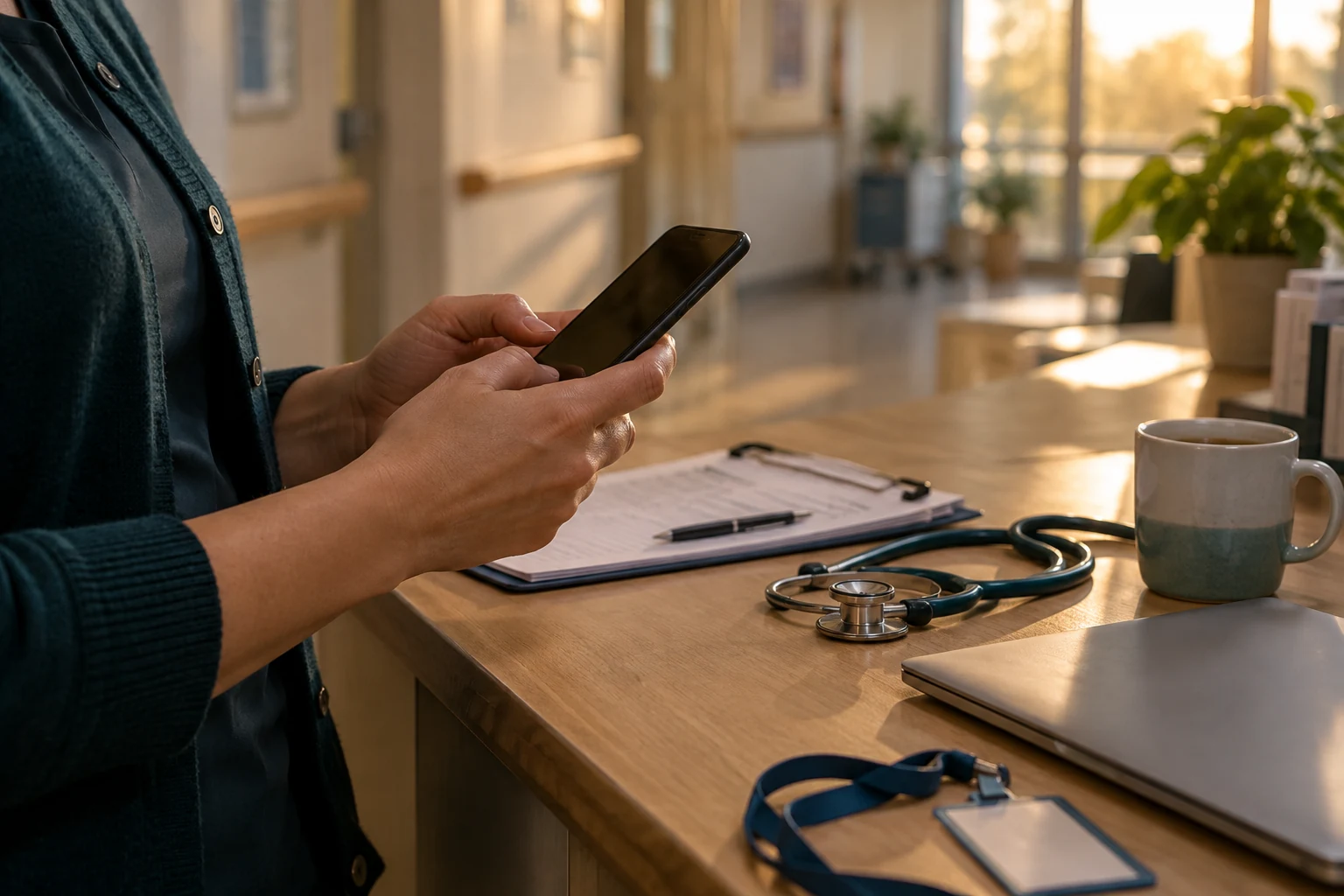 A doctor checking a phone at a desk with a stethoscope and a laptop