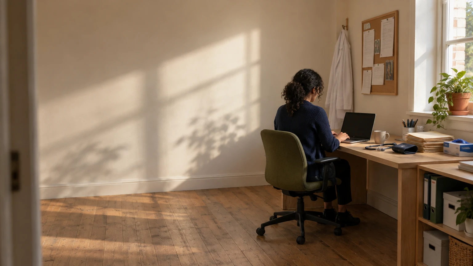 Une employée de cabinet médical sur un ordinateur portable dans un bureau lumineux