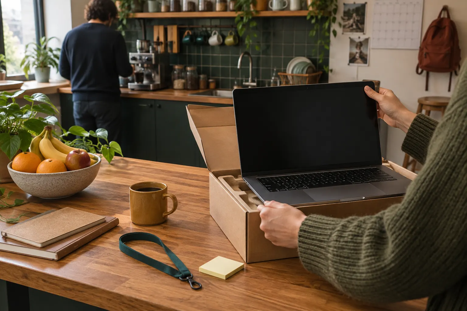Déballage d’un nouvel ordinateur portable sur le plan de travail de la cuisine