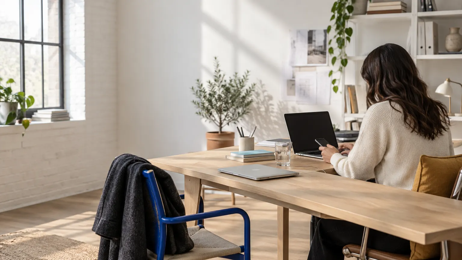 Travail sur un ordinateur portable à une grande table dans un bureau lumineux