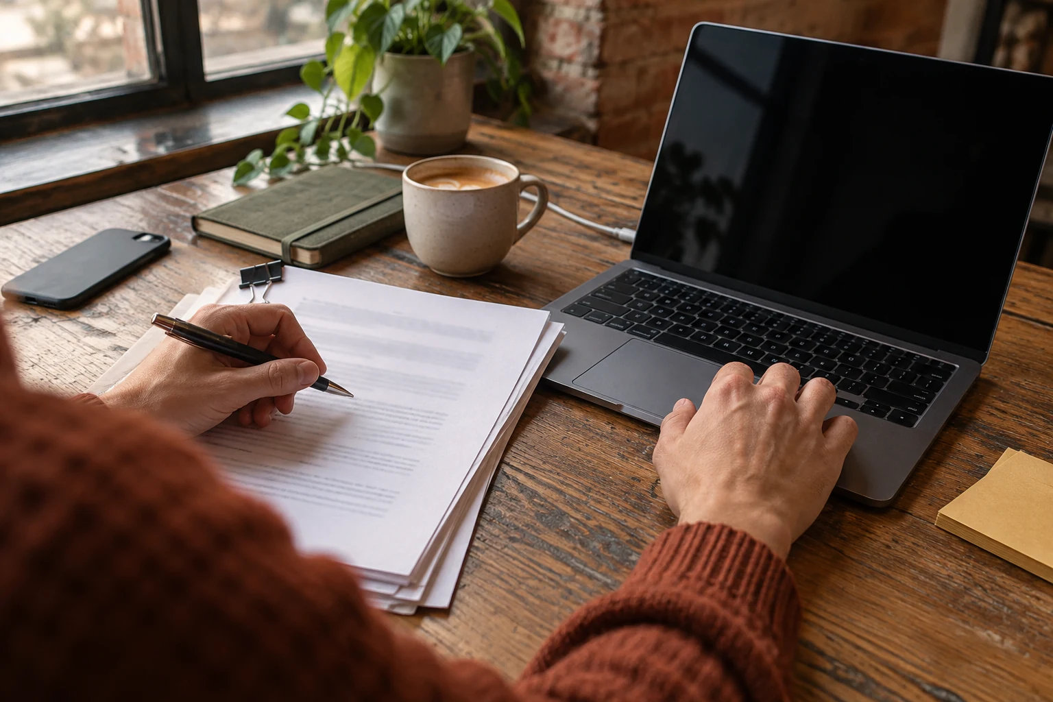 A founder signing papers next to a laptop