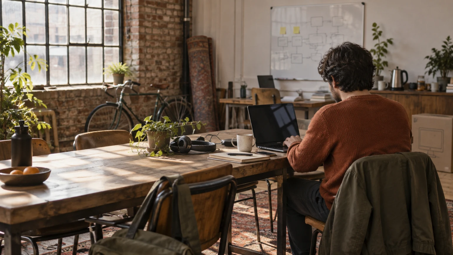 Travail sur un ordinateur portable à une grande table dans les bureaux d’une start-up aux murs de briques