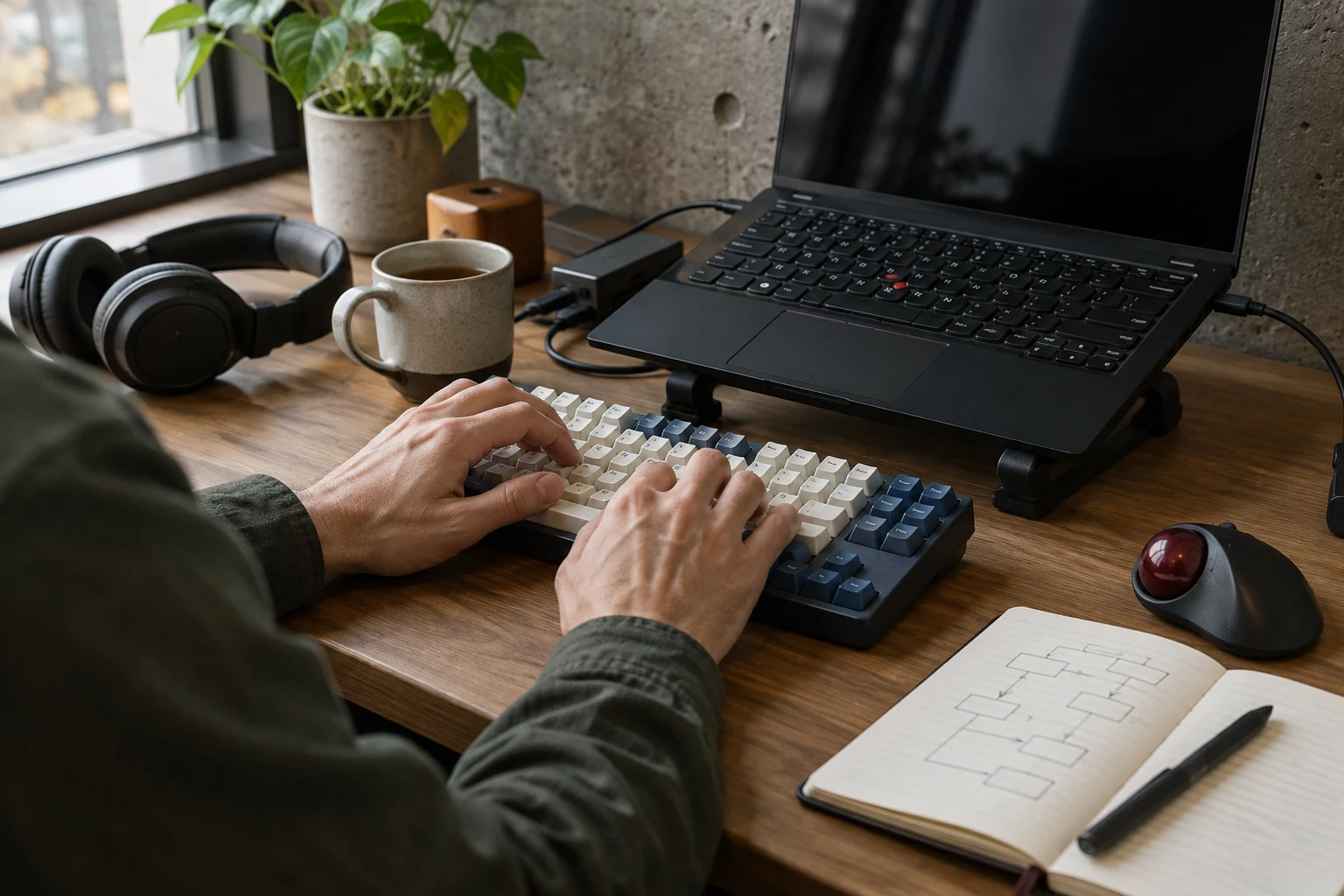 A developer typing on a mechanical keyboard, laptop on a stand
