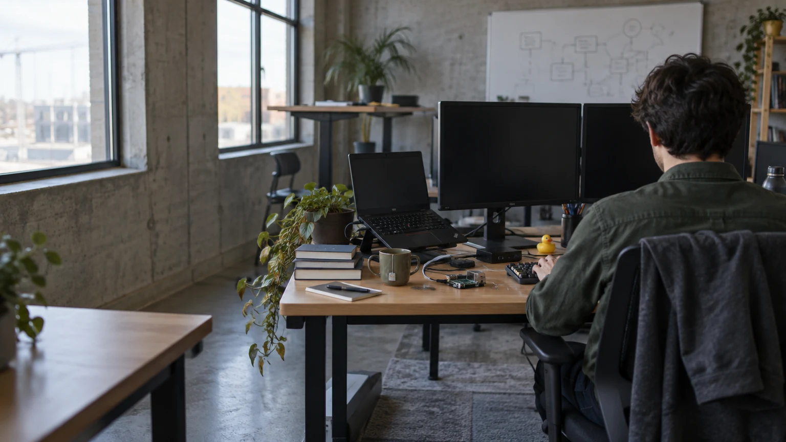Un développeur à un bureau avec deux écrans et un ordinateur portable