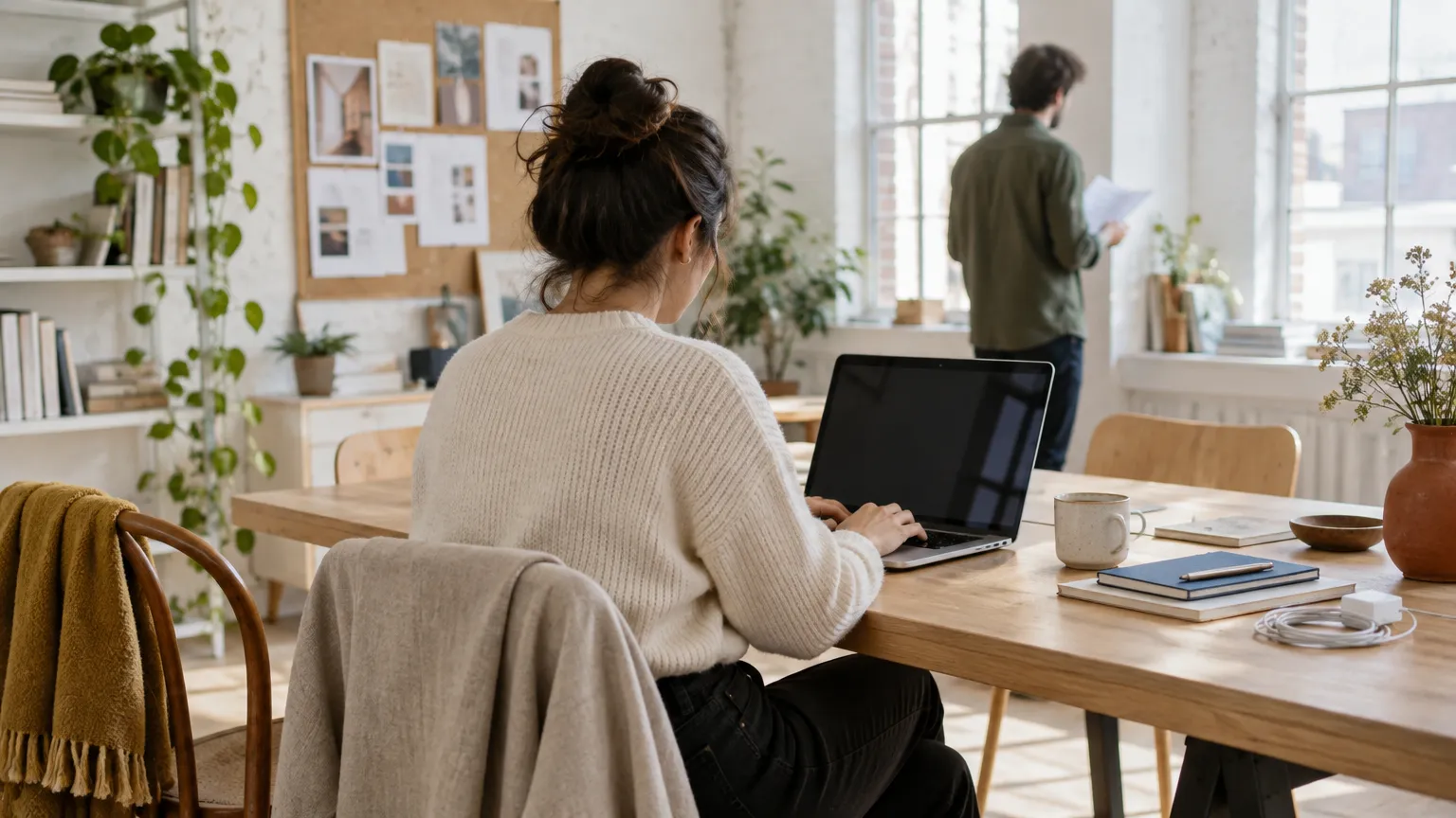 Travail sur un ordinateur portable à une table partagée dans un bureau lumineux